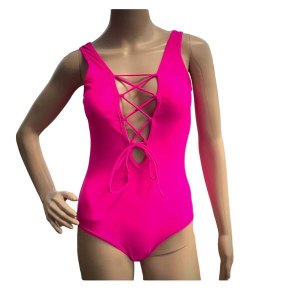 New Women's Fuschia Pink Lace Up Crisscross Plunging Neck One Piece Swimsuit S - Picture 1 of 5